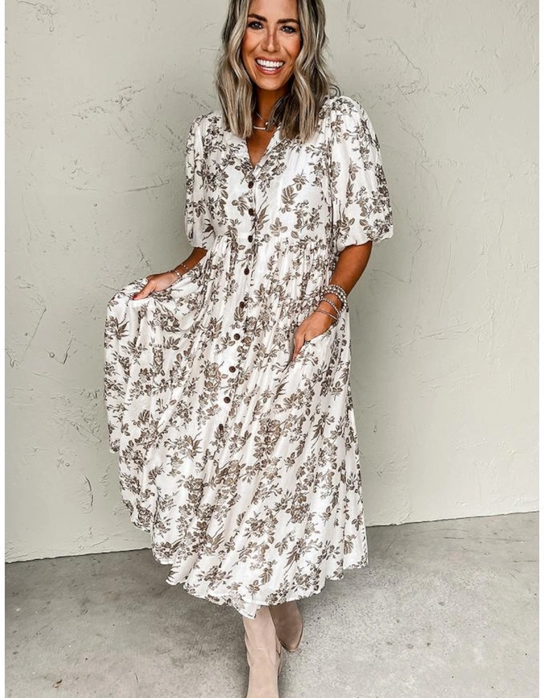 Khaki Floral Puff Sleeve V Neck Buttoned Front Maxi Dress