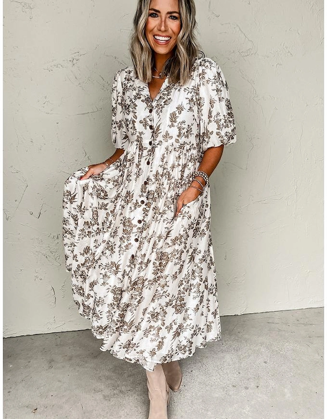 Khaki Floral Puff Sleeve V Neck Buttoned Front Maxi Dress