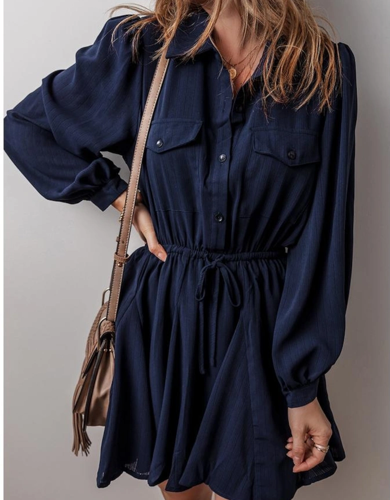 Navy Blue Solid Chest Pockets Tunic Shirt Mini Dress