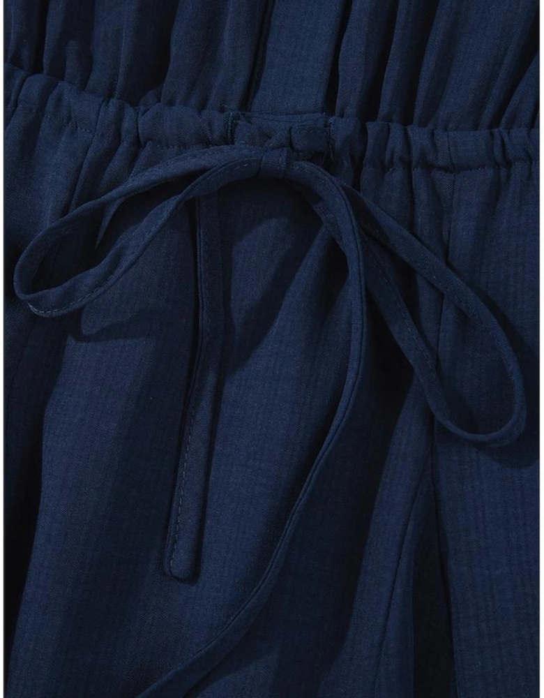 Navy Blue Solid Chest Pockets Tunic Shirt Mini Dress