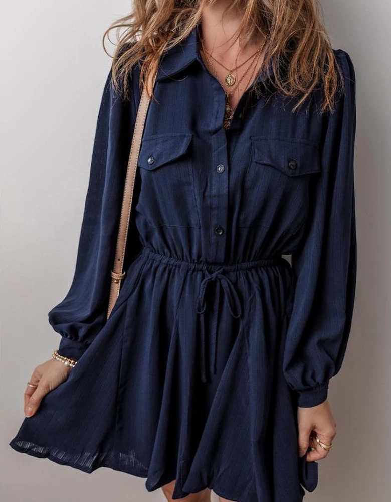 Navy Blue Solid Chest Pockets Tunic Shirt Mini Dress