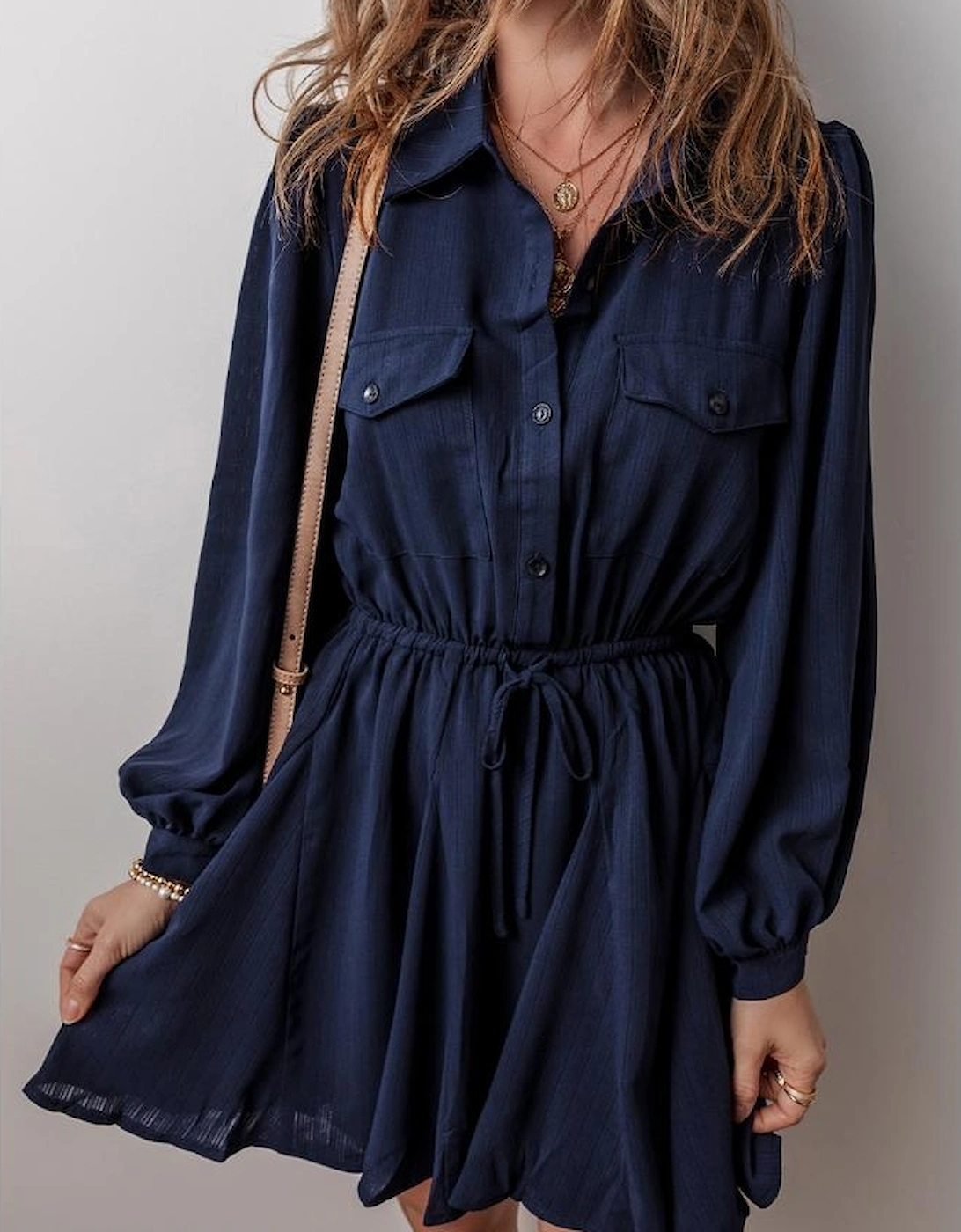 Navy Blue Solid Chest Pockets Tunic Shirt Mini Dress