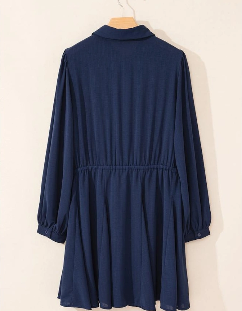 Navy Blue Solid Chest Pockets Tunic Shirt Mini Dress