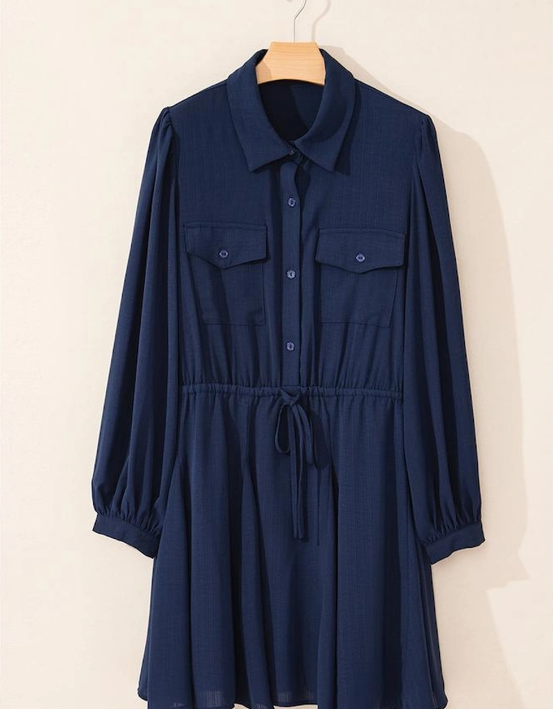 Navy Blue Solid Chest Pockets Tunic Shirt Mini Dress