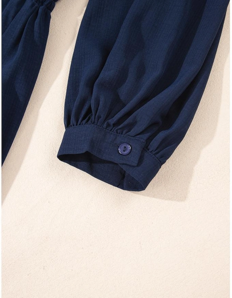 Navy Blue Solid Chest Pockets Tunic Shirt Mini Dress