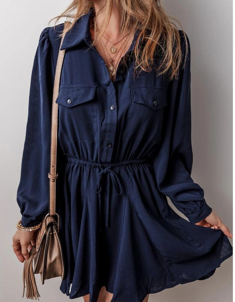 Navy Blue Solid Chest Pockets Tunic Shirt Mini Dress