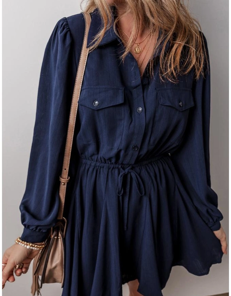 Navy Blue Solid Chest Pockets Tunic Shirt Mini Dress