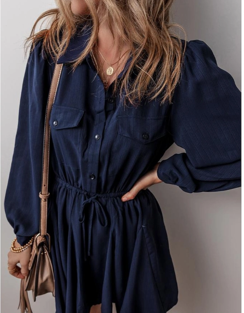 Navy Blue Solid Chest Pockets Tunic Shirt Mini Dress