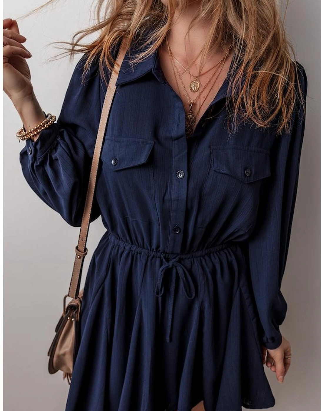 Navy Blue Solid Chest Pockets Tunic Shirt Mini Dress
