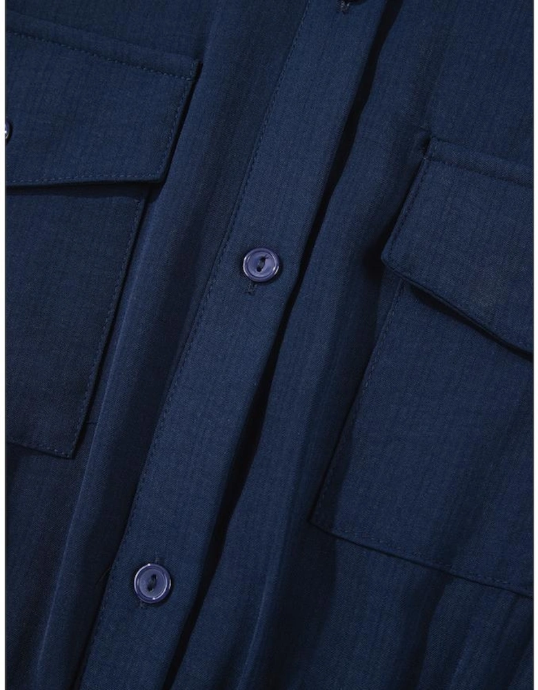 Navy Blue Solid Chest Pockets Tunic Shirt Mini Dress