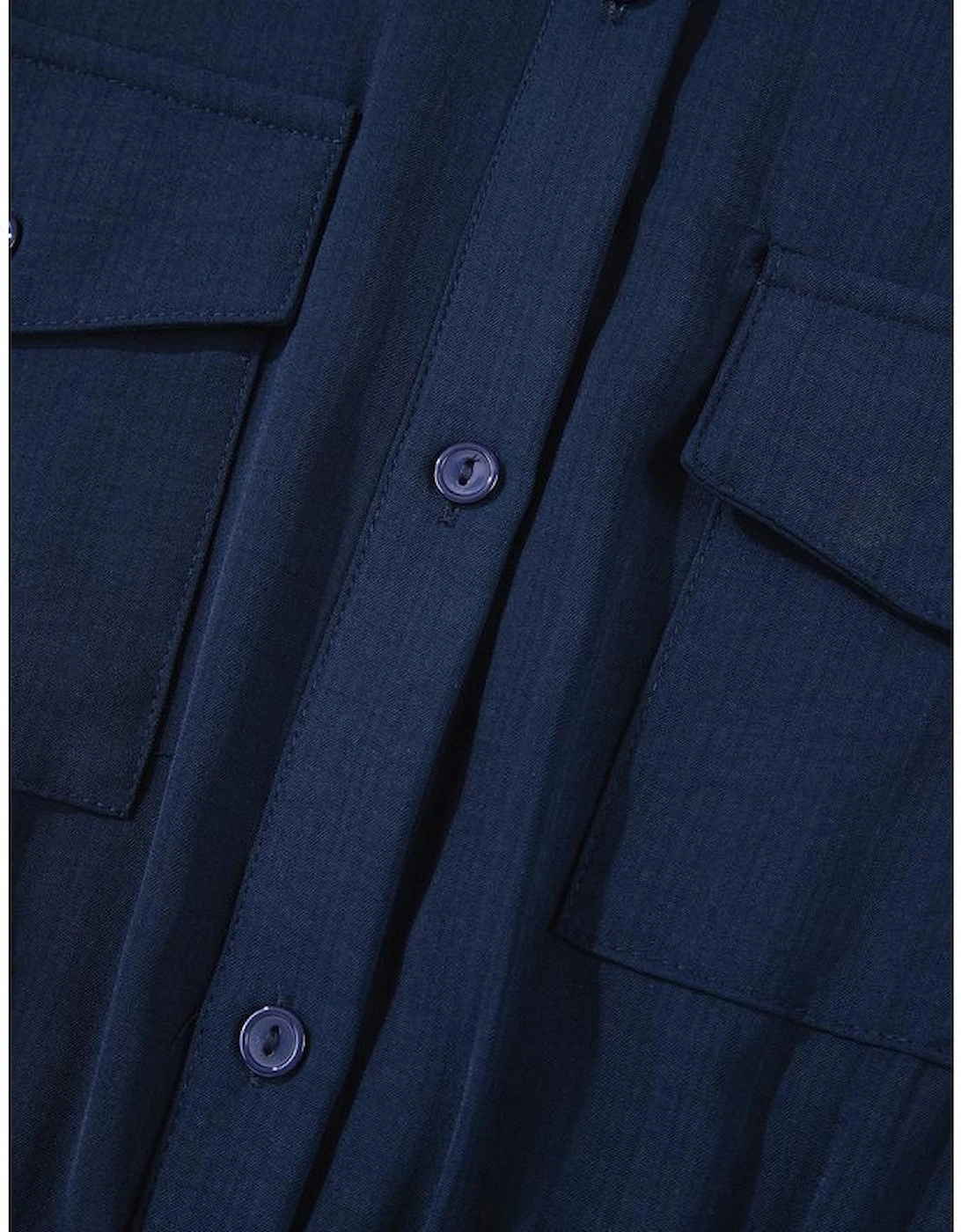 Navy Blue Solid Chest Pockets Tunic Shirt Mini Dress