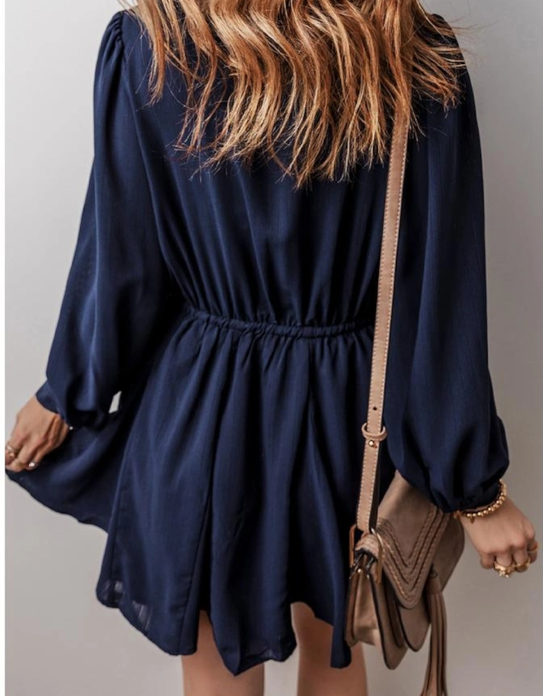 Navy Blue Solid Chest Pockets Tunic Shirt Mini Dress