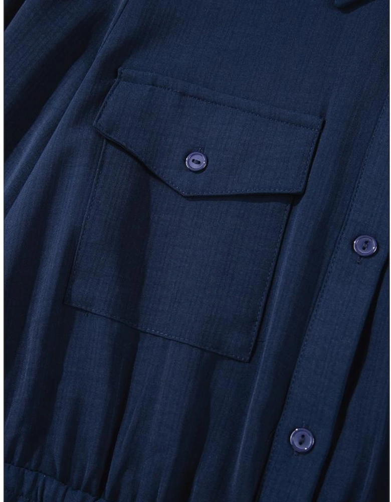 Navy Blue Solid Chest Pockets Tunic Shirt Mini Dress