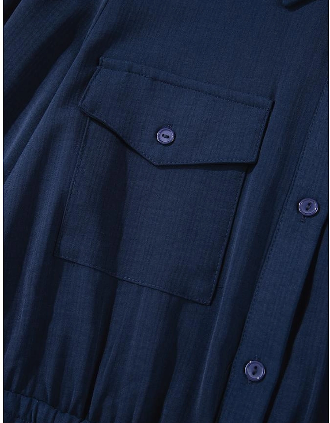 Navy Blue Solid Chest Pockets Tunic Shirt Mini Dress