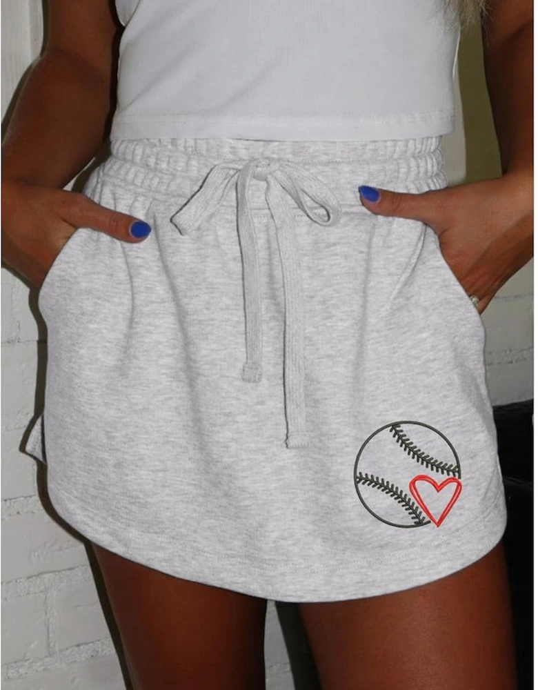 Light Grey Baseball Heart Embroidery French Terry Skort