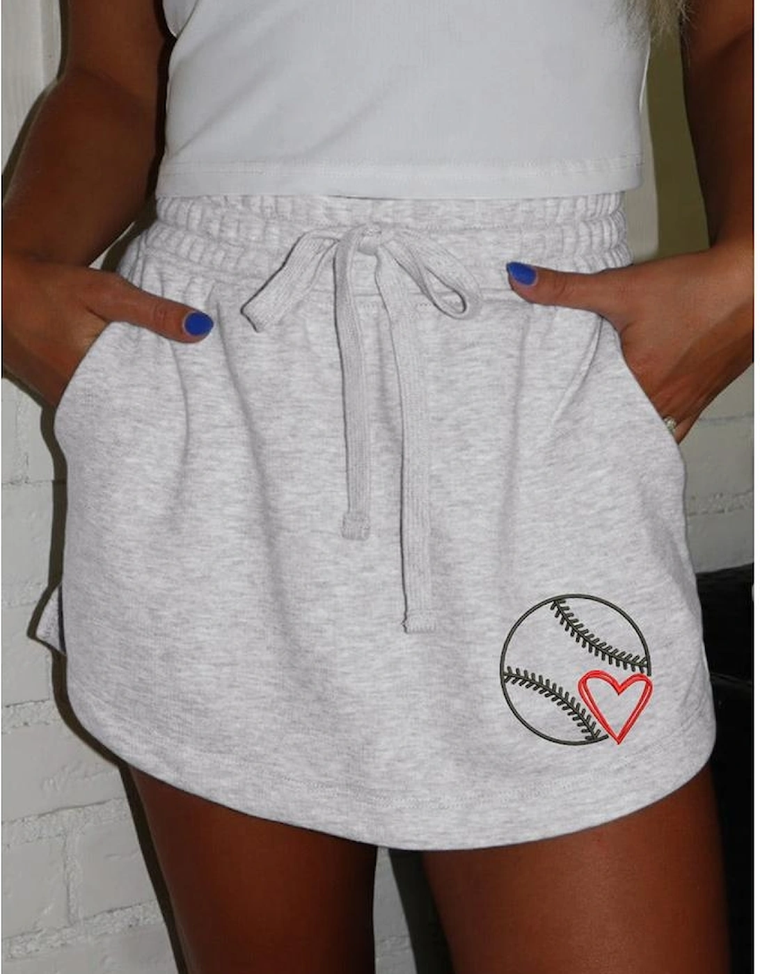 Light Grey Baseball Heart Embroidery French Terry Skort