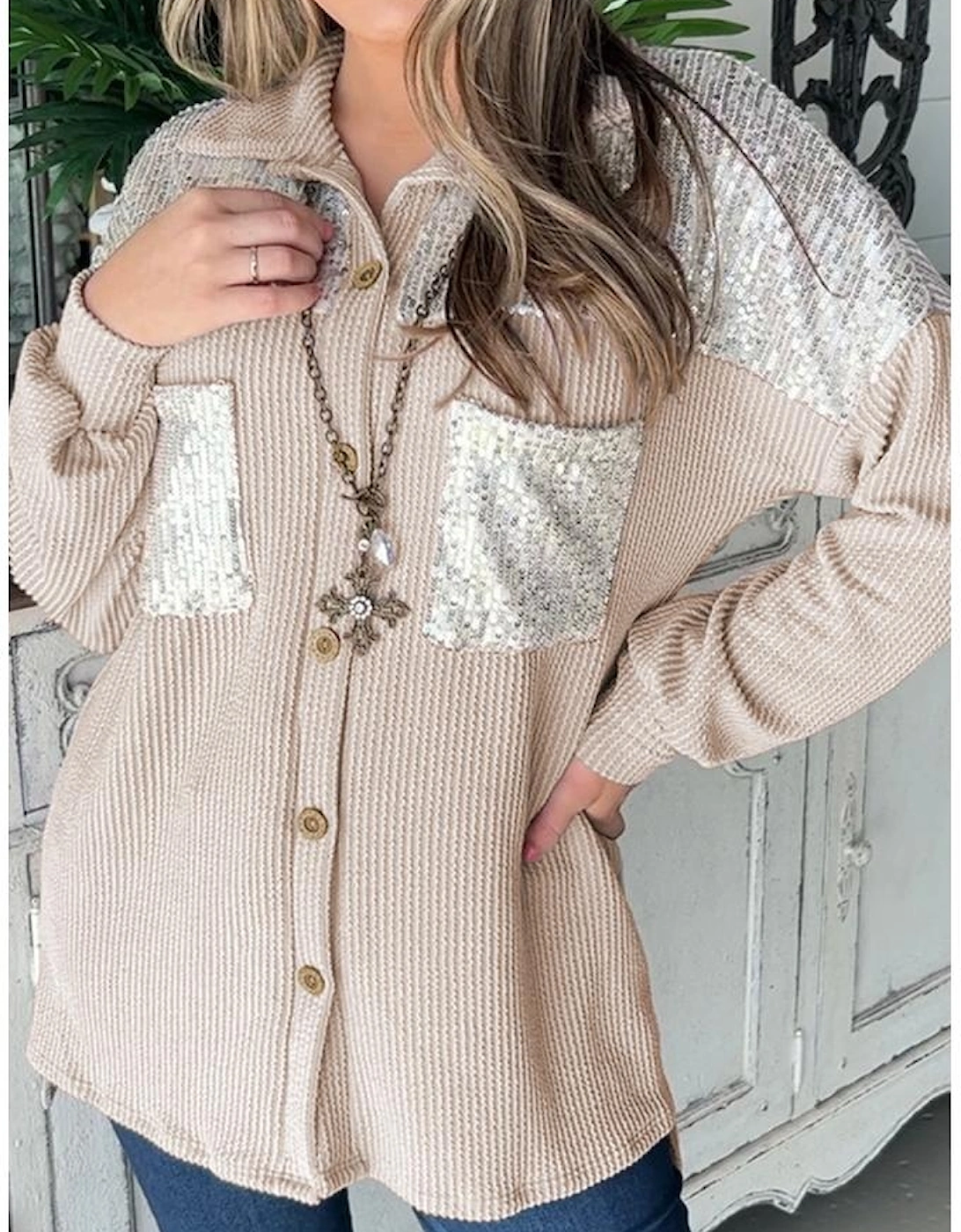 Parchment Sequin Patch Chest Pocket Corded Shacket