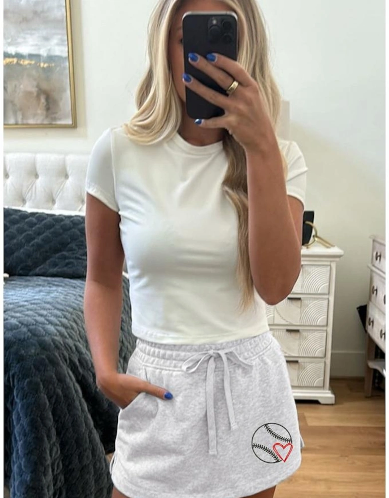 Light Grey Baseball Heart Embroidery French Terry Skort