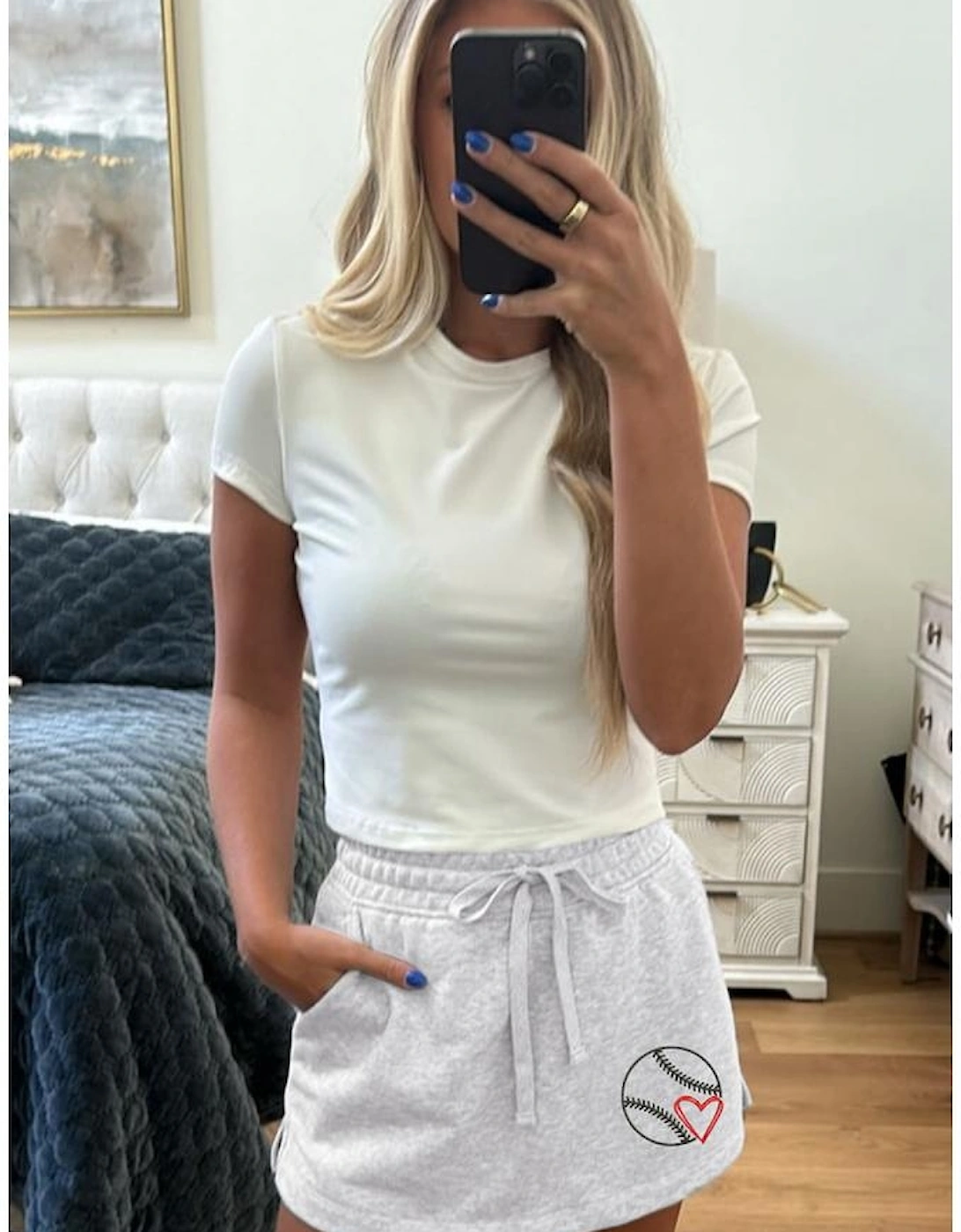 Light Grey Baseball Heart Embroidery French Terry Skort