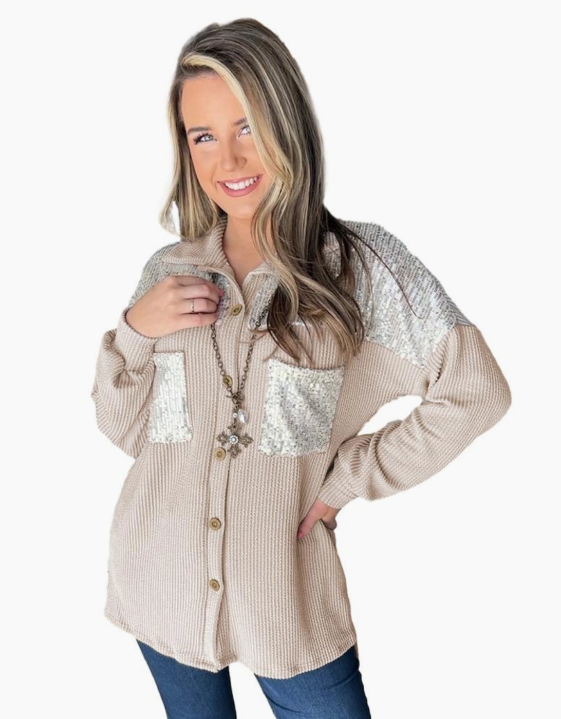 Parchment Sequin Patch Chest Pocket Corded Shacket