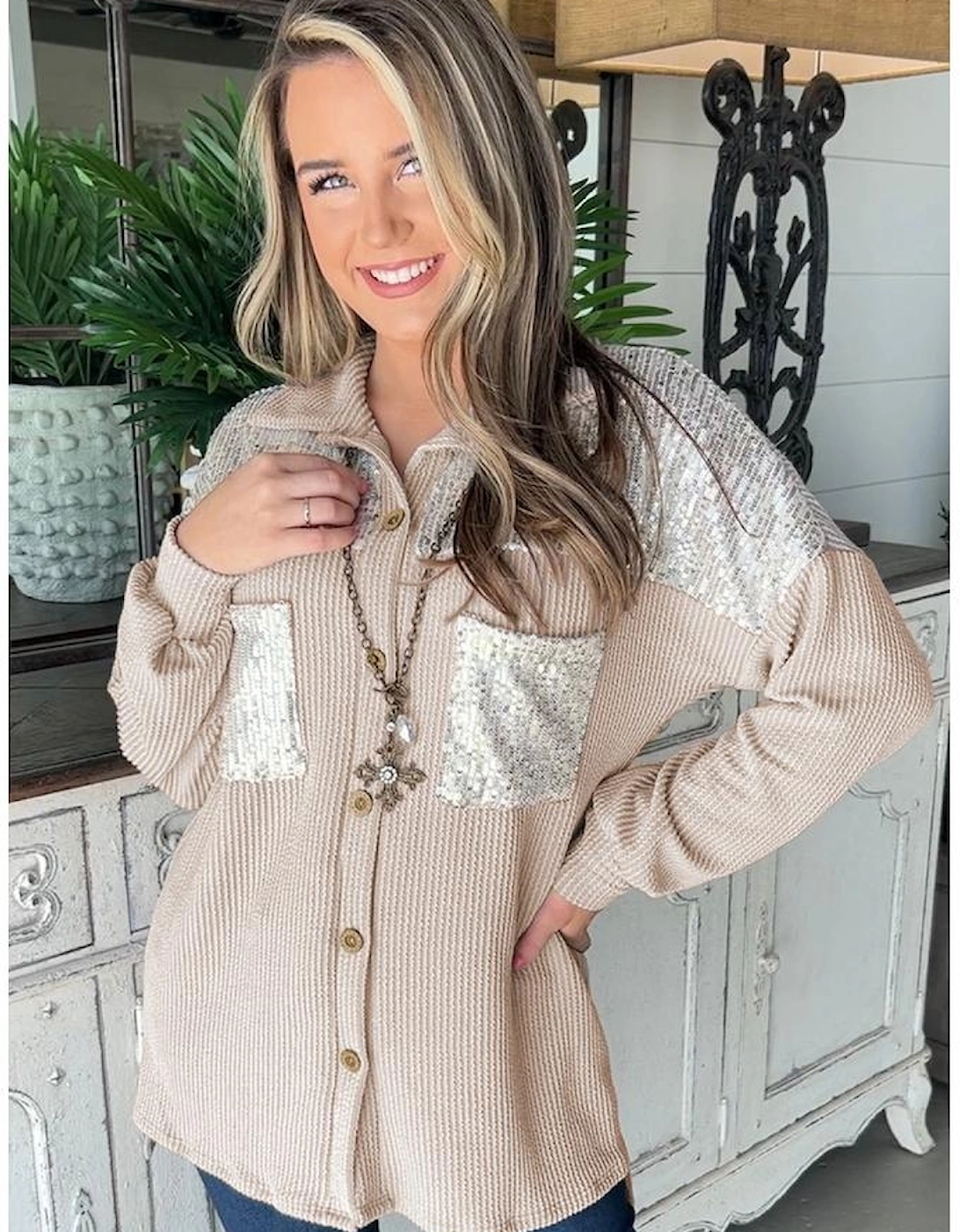 Parchment Sequin Patch Chest Pocket Corded Shacket, 6 of 5