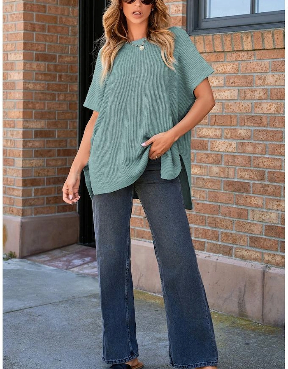 Haze Blue Short Sleeve Side Slit Oversized Sweater