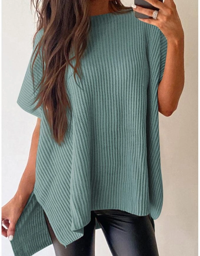 Haze Blue Short Sleeve Side Slit Oversized Sweater