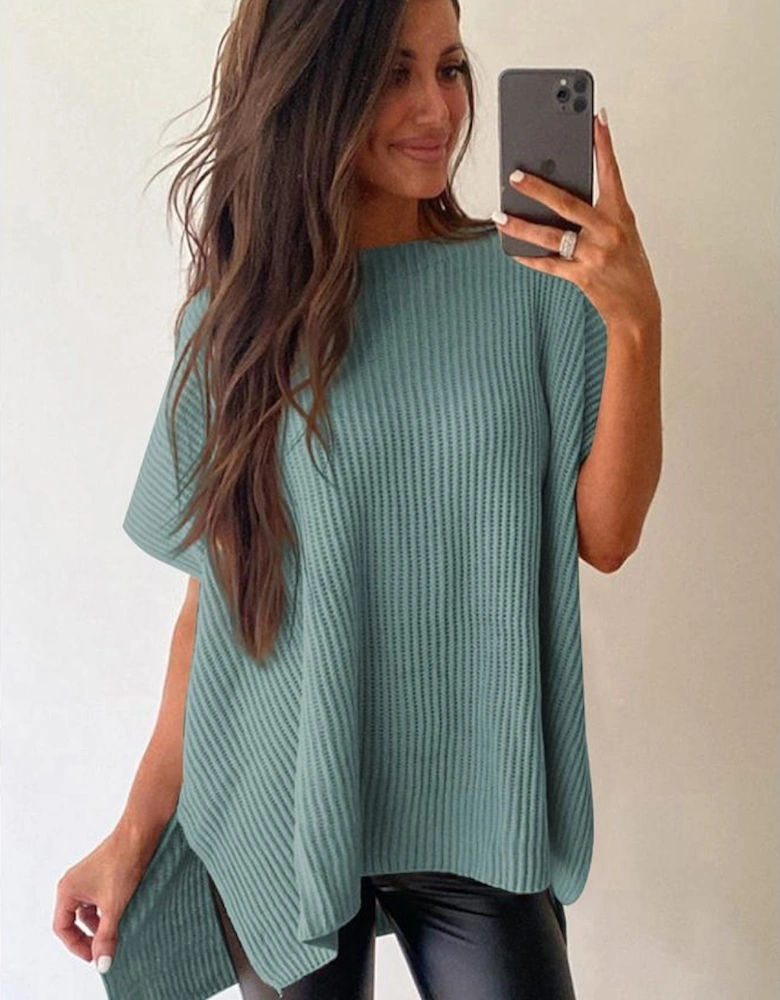 Haze Blue Short Sleeve Side Slit Oversized Sweater
