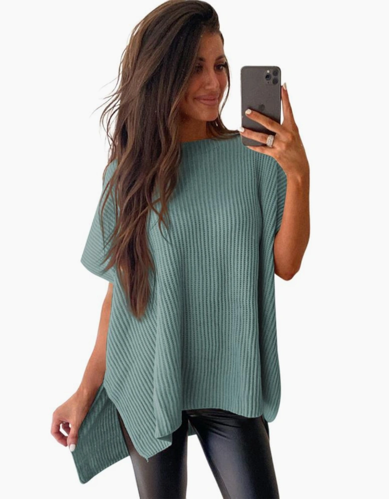 Haze Blue Short Sleeve Side Slit Oversized Sweater