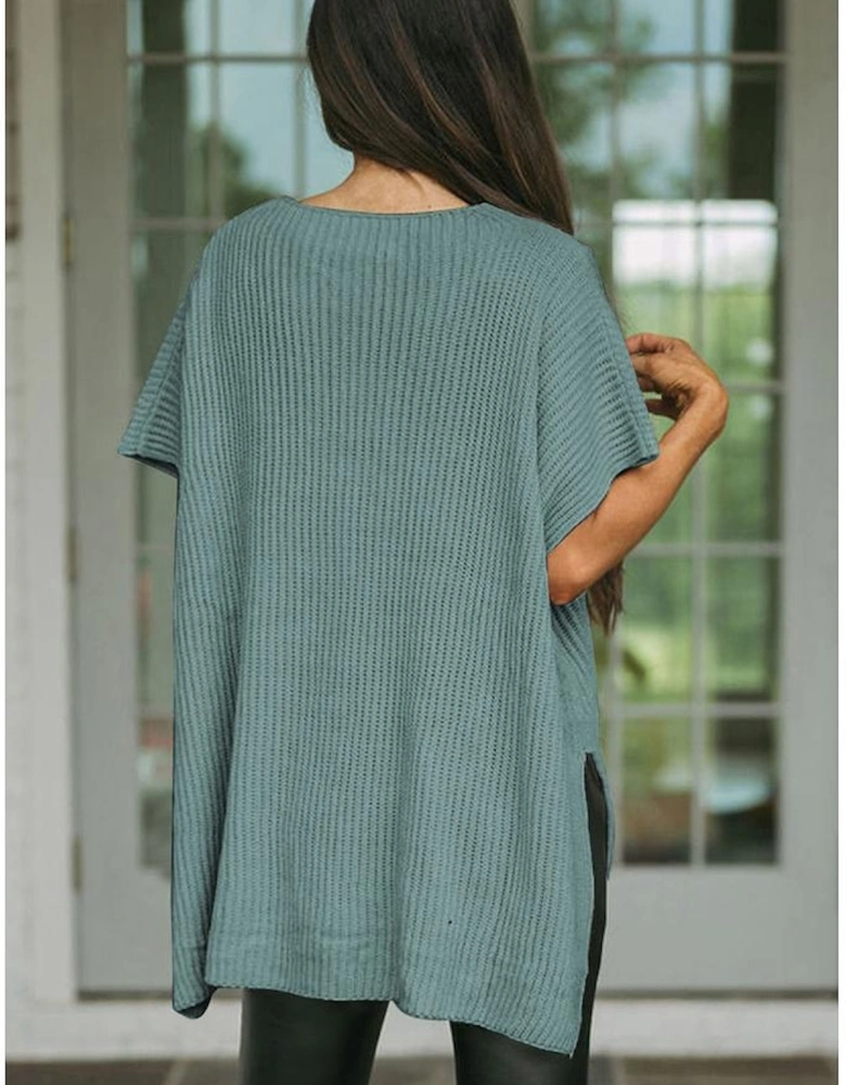 Haze Blue Short Sleeve Side Slit Oversized Sweater