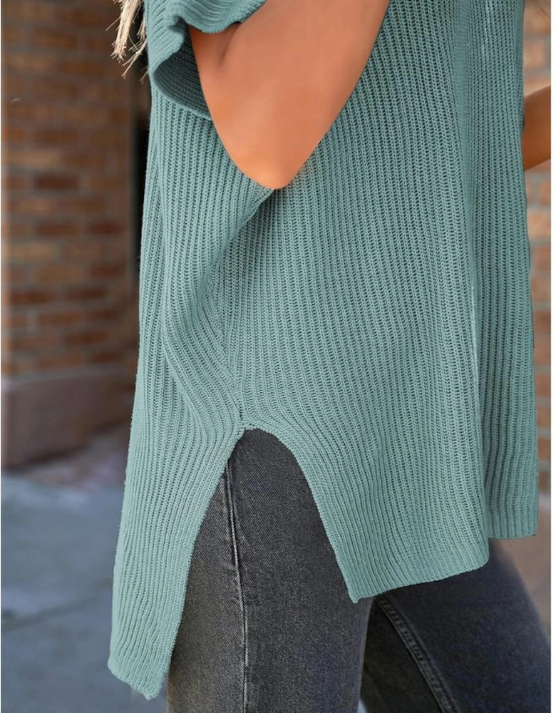 Haze Blue Short Sleeve Side Slit Oversized Sweater