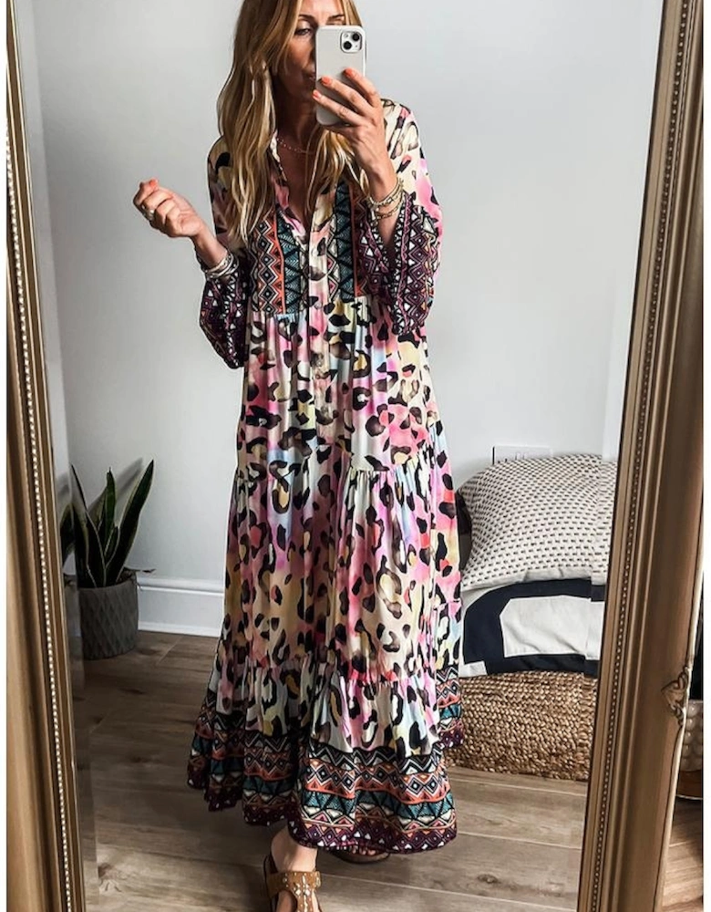Pink Western Leopard Printed 3/4 Sleeve Buttoned Front Tiered Maxi Dress