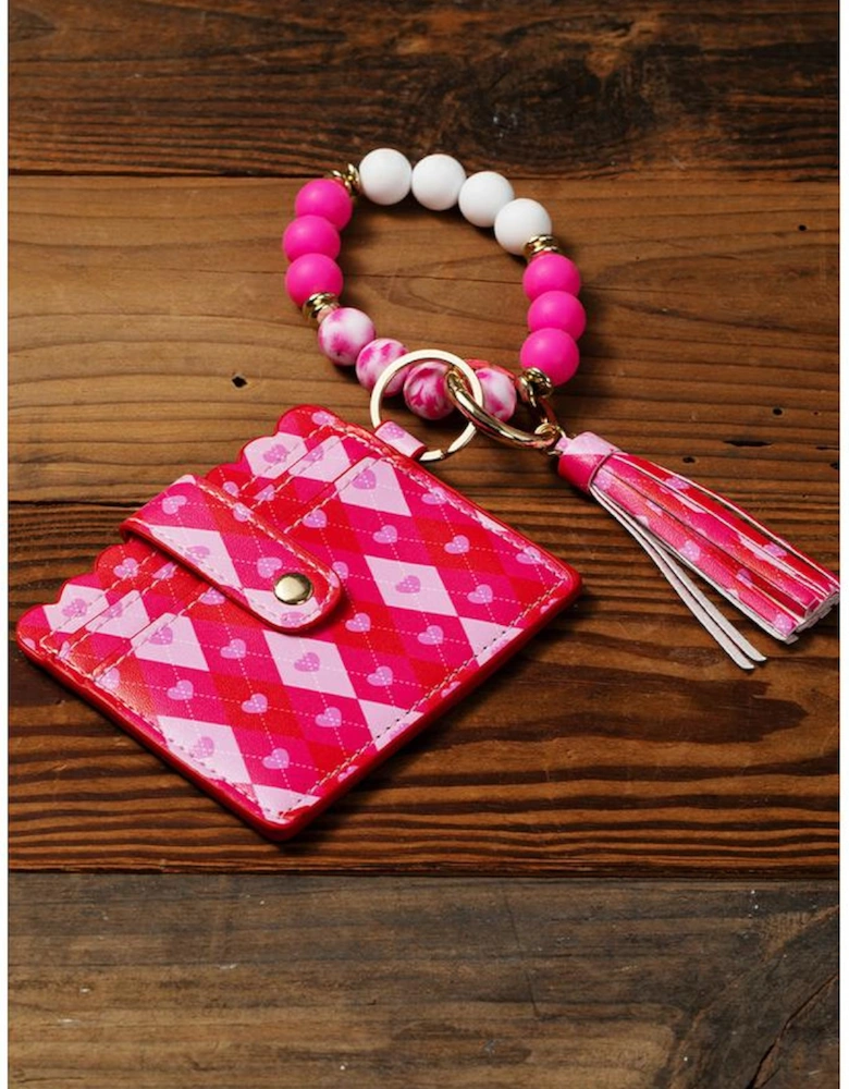 Rose Red Valentine Fashion PU Card Bag Key Chain with Silicone Bracelet