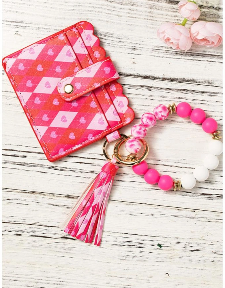 Rose Red Valentine Fashion PU Card Bag Key Chain with Silicone Bracelet