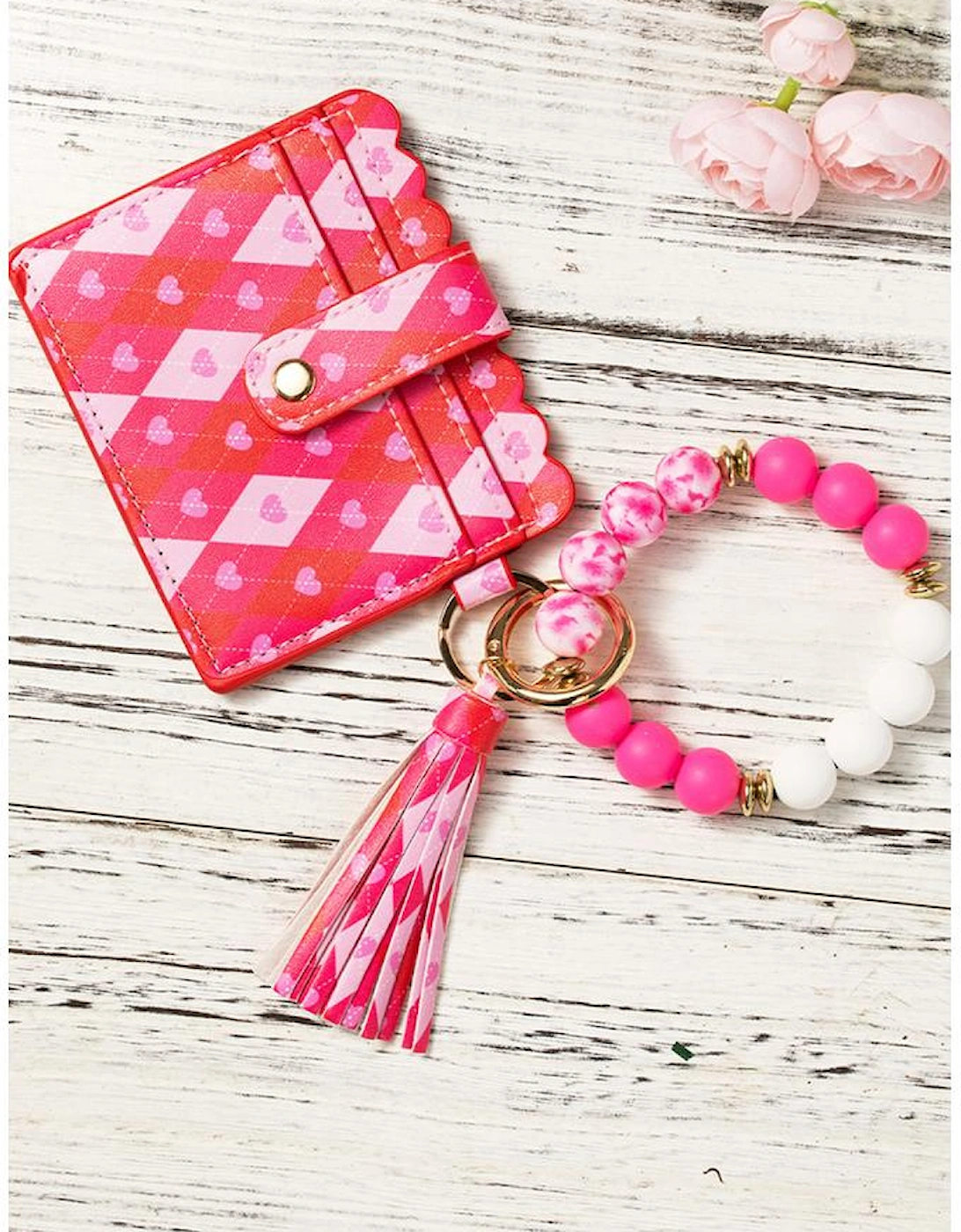 Rose Red Valentine Fashion PU Card Bag Key Chain with Silicone Bracelet