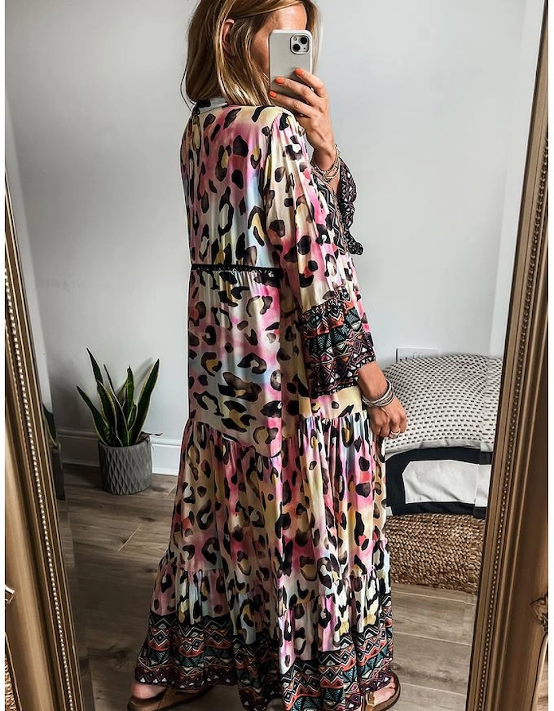 Pink Western Leopard Printed 3/4 Sleeve Buttoned Front Tiered Maxi Dress