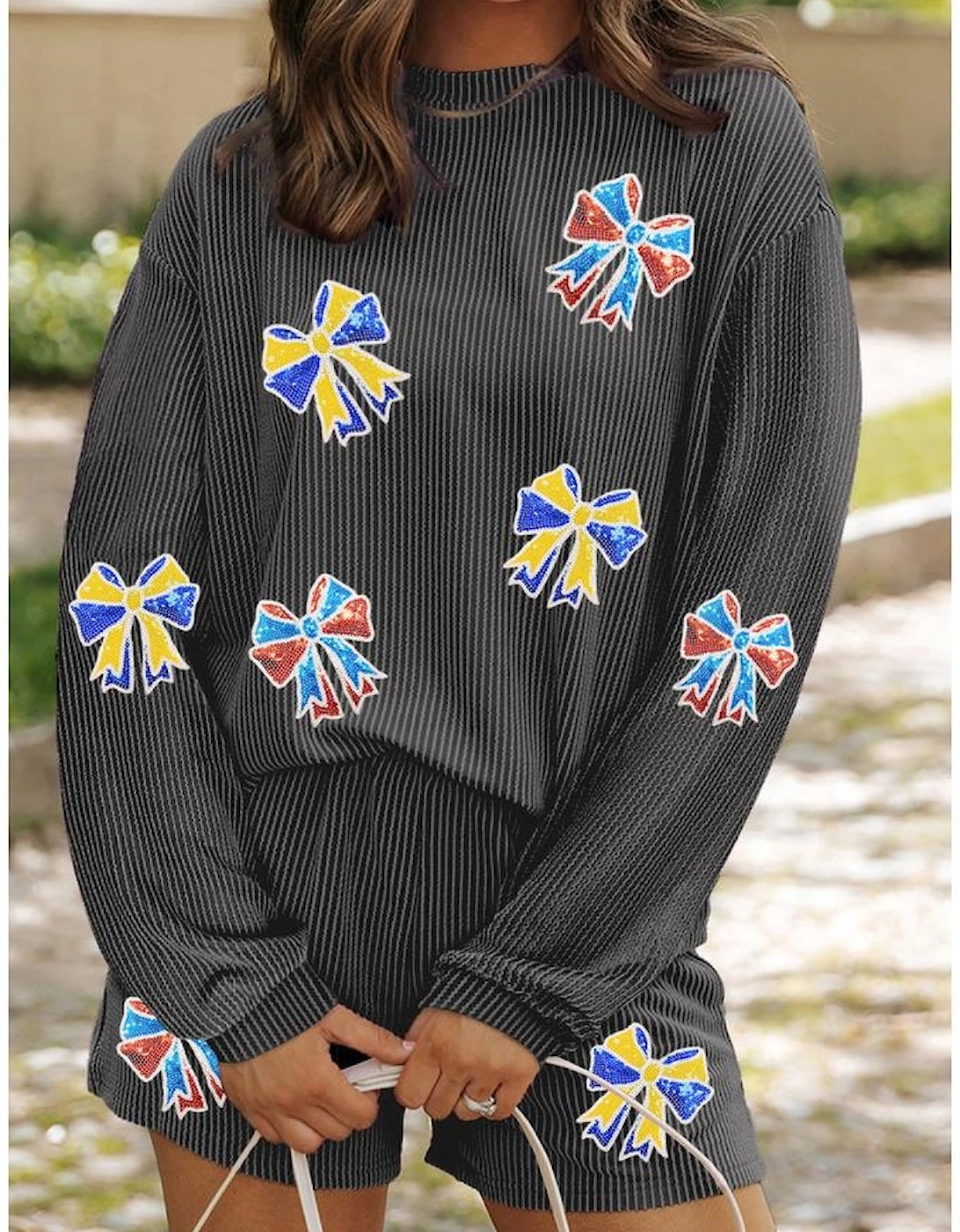 Carbon Grey Colorful Sequin Bow Patched Long Sleeve Top and Shorts Twisted Rib 2pcs Outfit