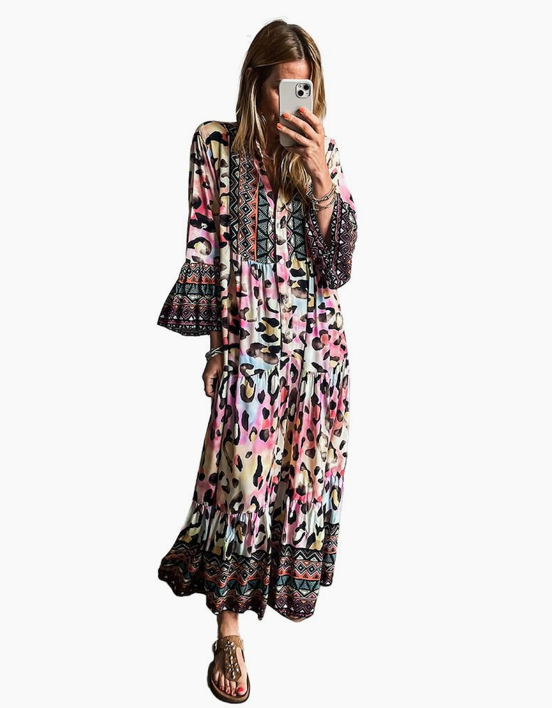 Pink Western Leopard Printed 3/4 Sleeve Buttoned Front Tiered Maxi Dress, 7 of 6