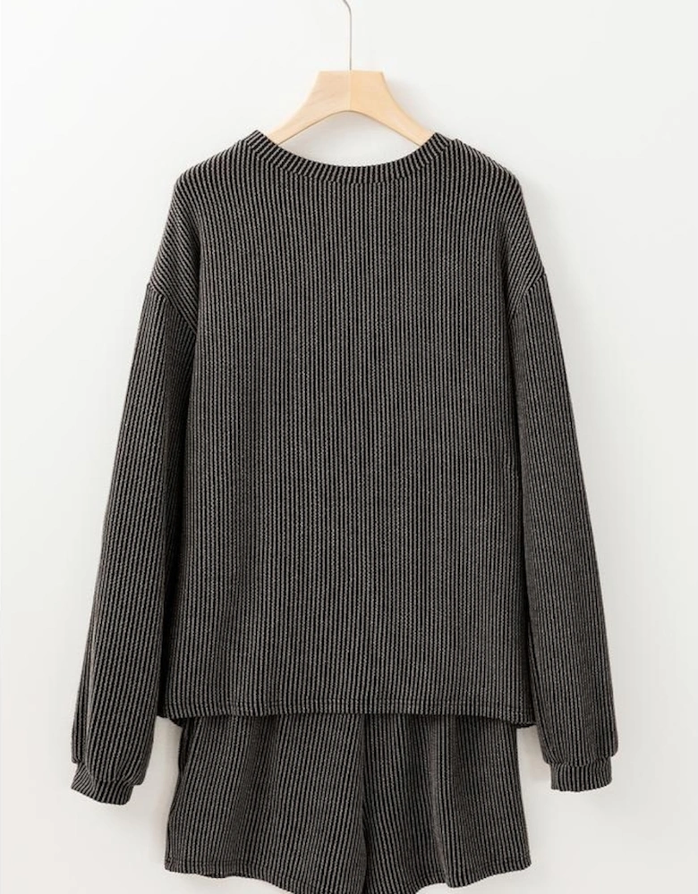 Carbon Grey Colorful Sequin Bow Patched Long Sleeve Top and Shorts Twisted Rib 2pcs Outfit