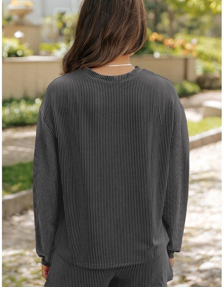 Carbon Grey Colorful Sequin Bow Patched Long Sleeve Top and Shorts Twisted Rib 2pcs Outfit