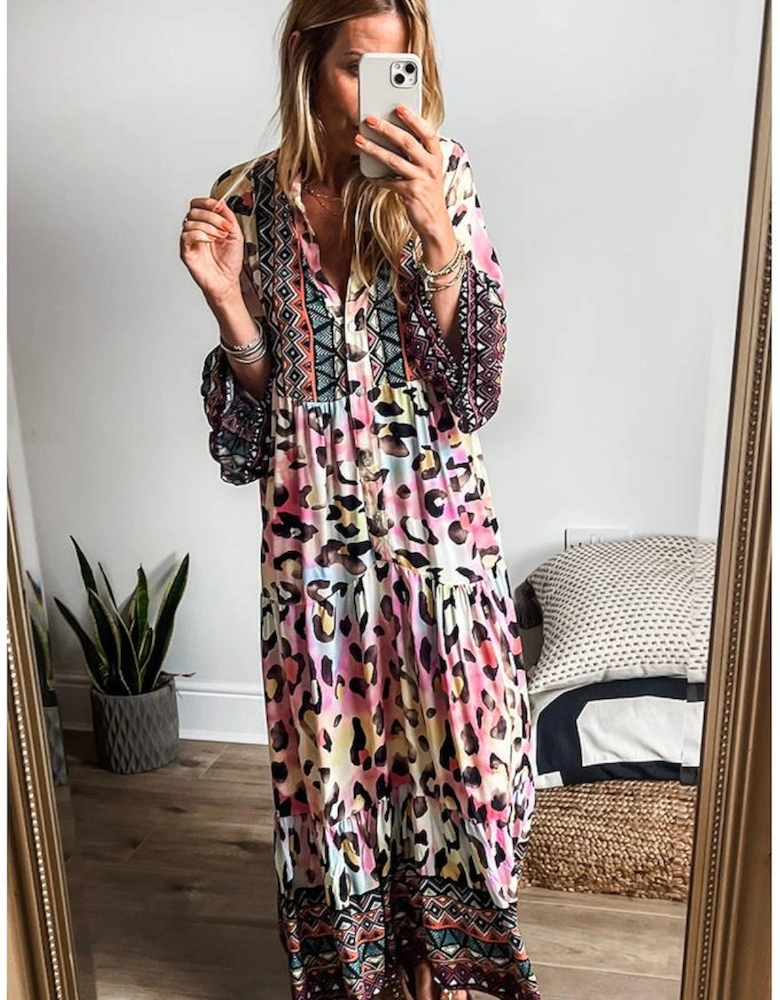 Pink Western Leopard Printed 3/4 Sleeve Buttoned Front Tiered Maxi Dress