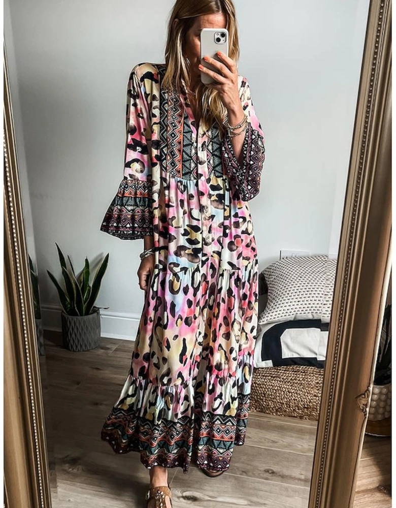 Pink Western Leopard Printed 3/4 Sleeve Buttoned Front Tiered Maxi Dress
