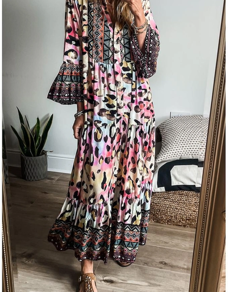 Pink Western Leopard Printed 3/4 Sleeve Buttoned Front Tiered Maxi Dress