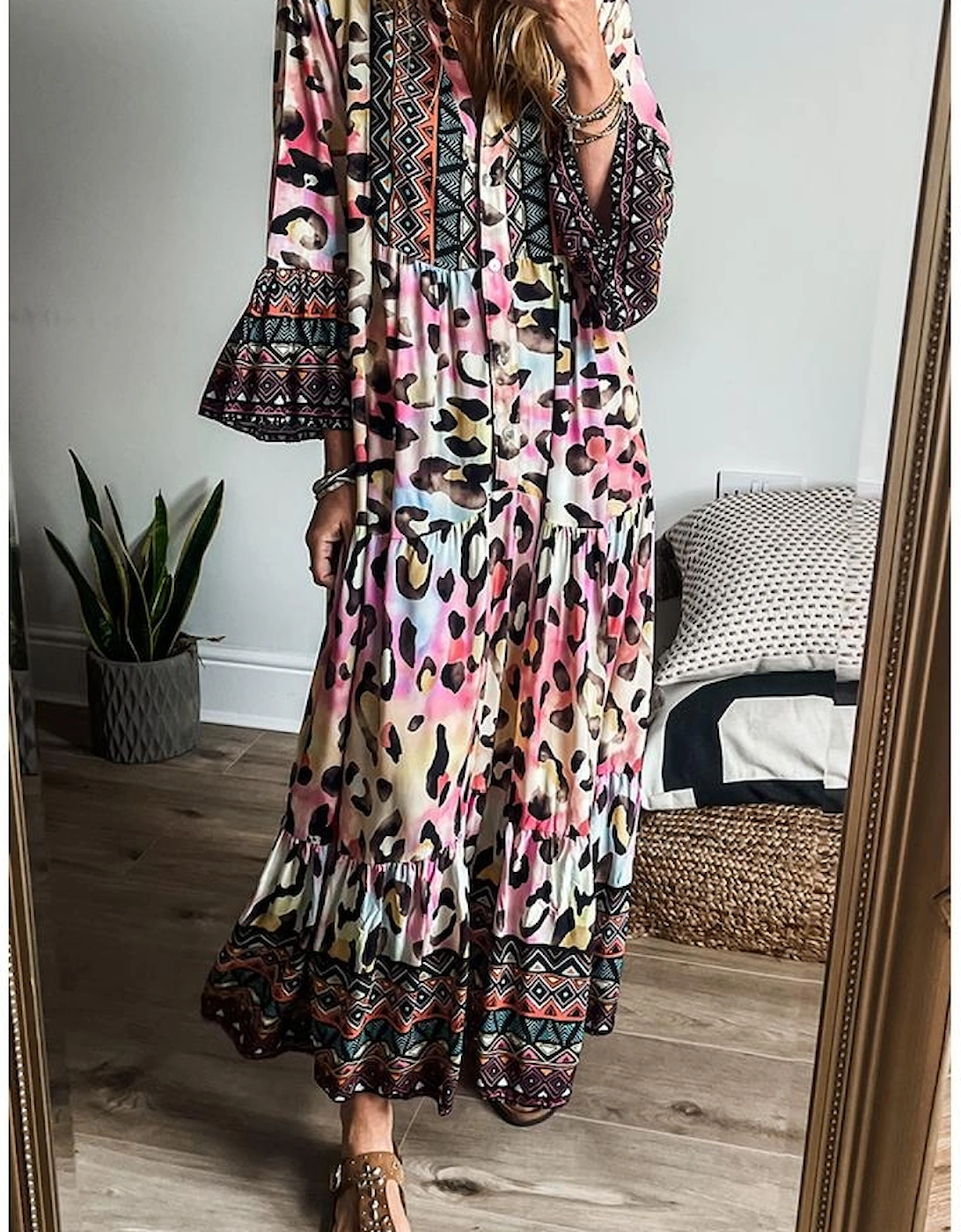 Pink Western Leopard Printed 3/4 Sleeve Buttoned Front Tiered Maxi Dress