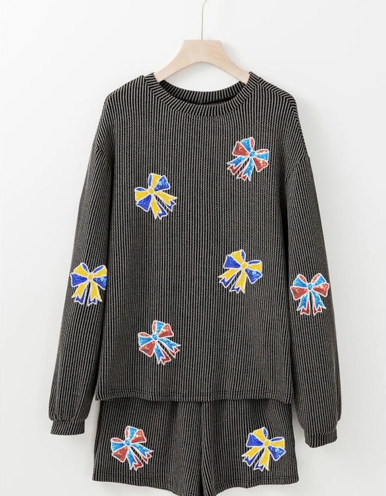 Carbon Grey Colorful Sequin Bow Patched Long Sleeve Top and Shorts Twisted Rib 2pcs Outfit