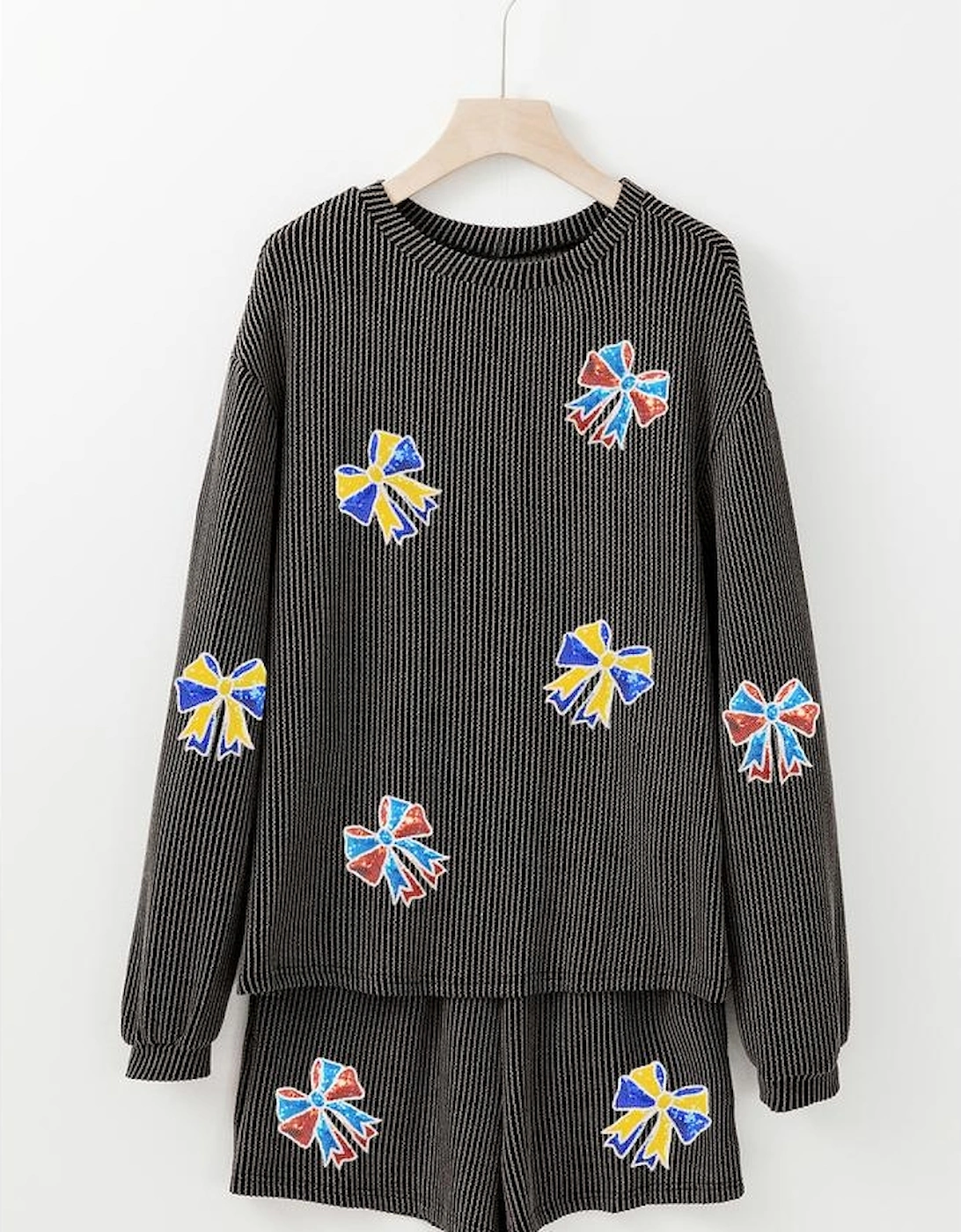 Carbon Grey Colorful Sequin Bow Patched Long Sleeve Top and Shorts Twisted Rib 2pcs Outfit