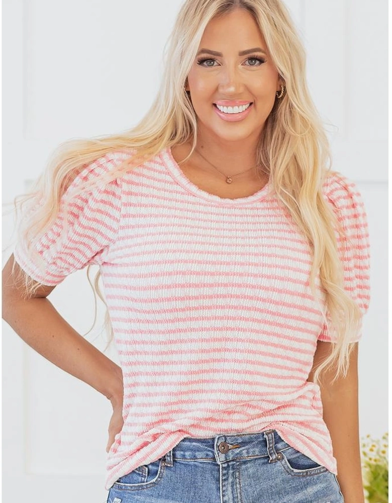 Pink Stripe Textured Puff Sleeve Crewneck Top