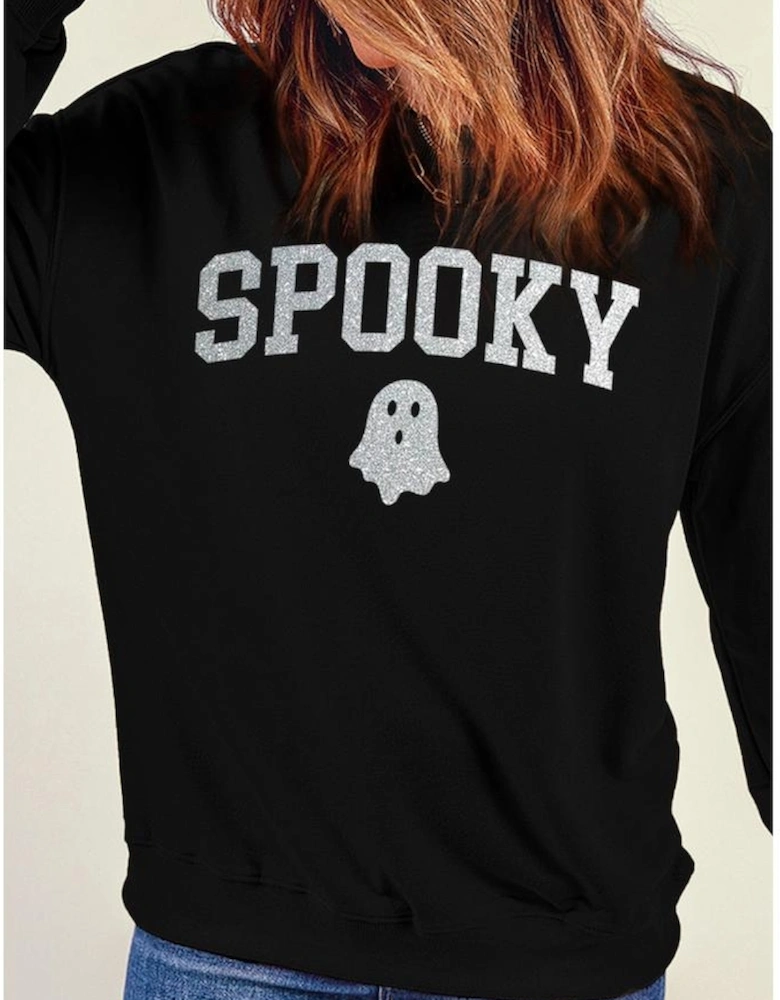Black Glitter SPOOKY Ghost Pattern Crew Neck Halloween Sweatshirt