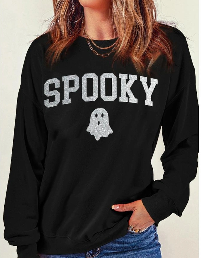 Black Glitter SPOOKY Ghost Pattern Crew Neck Halloween Sweatshirt