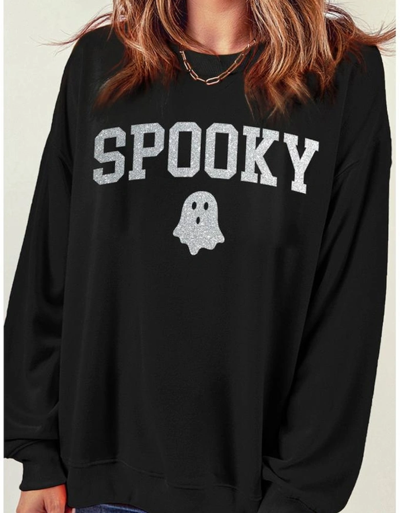 Black Glitter SPOOKY Ghost Pattern Crew Neck Halloween Sweatshirt